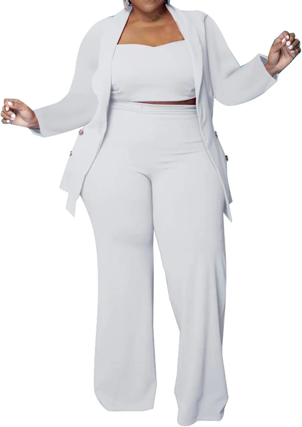 IyMoo Women's Plus Size 3 Piece Sets Outfit Tracksuit Crop Top Blazer Jacket and Wide Leg Long Pants Jumpsuit Romper Suits