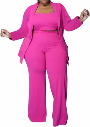IyMoo Women's Plus Size 3 Piece Sets Outfit Tracksuit Crop Top Blazer Jacket and Wide Leg Long Pants Jumpsuit Romper Suits