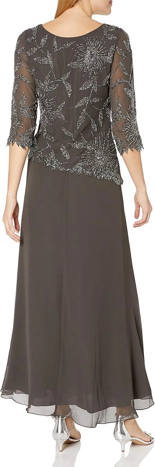 J Kara Women's Petite Scoop Neck Line with 3/4 Sleeve Beaded Top Long Dress
