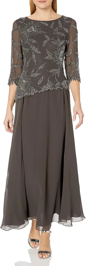 J Kara Women's Petite Scoop Neck Line with 3/4 Sleeve Beaded Top Long Dress