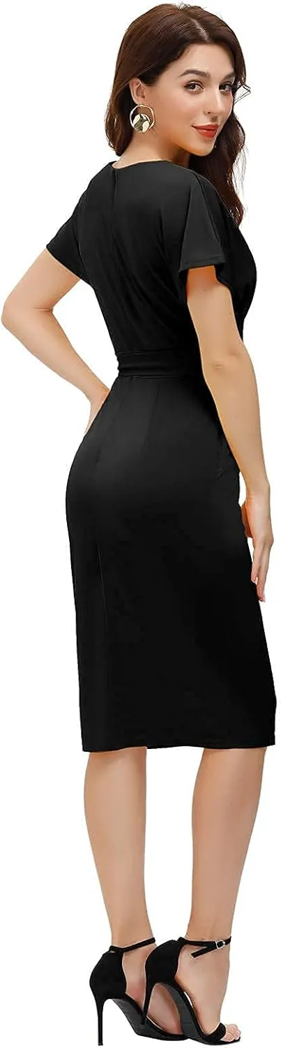 JASAMBAC Women's Bodycon Pencil Dress Office Wear to Work Dresses with Pocket Belt
