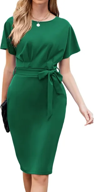 JASAMBAC Women's Bodycon Pencil Dress Office Wear to Work Dresses with Pocket Belt