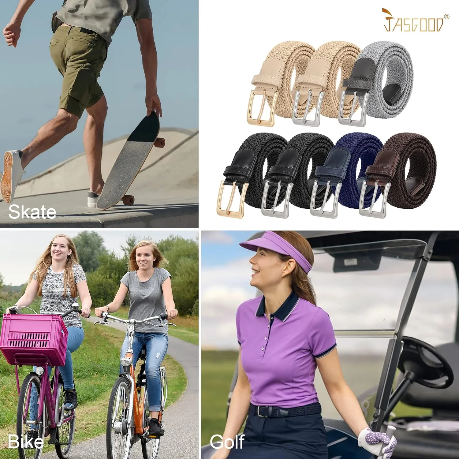 JASGOOD Women Braided Woven Elastic Stretch Belt Men Golf Web Casual Belt for Pants Jeans