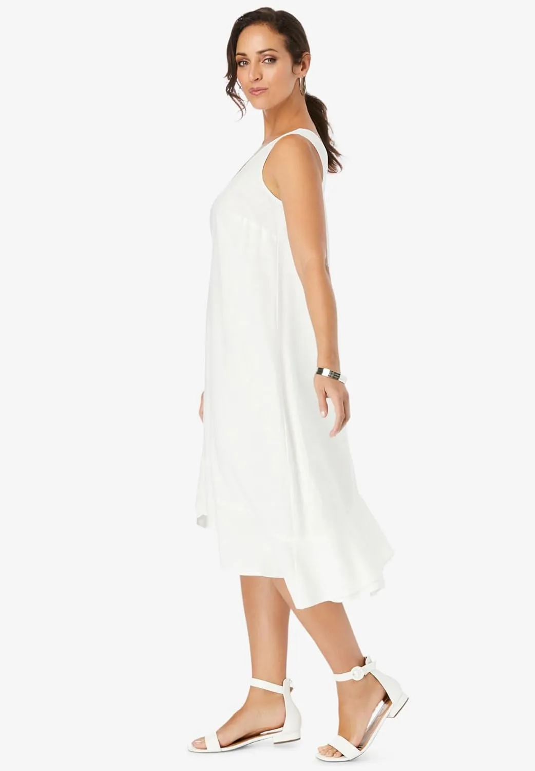 Jessica London Women's Plus Size Casual Lightweight A-Line Lightweight V Neck Linen Flounce Dress