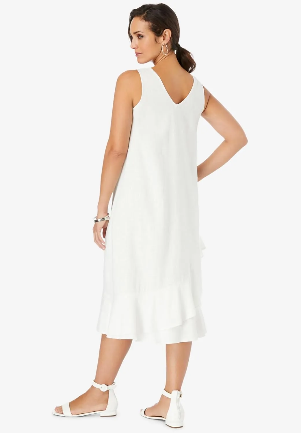Jessica London Women's Plus Size Casual Lightweight A-Line Lightweight V Neck Linen Flounce Dress