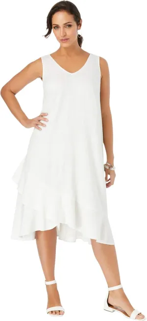 Jessica London Women's Plus Size Casual Lightweight A-Line Lightweight V Neck Linen Flounce Dress
