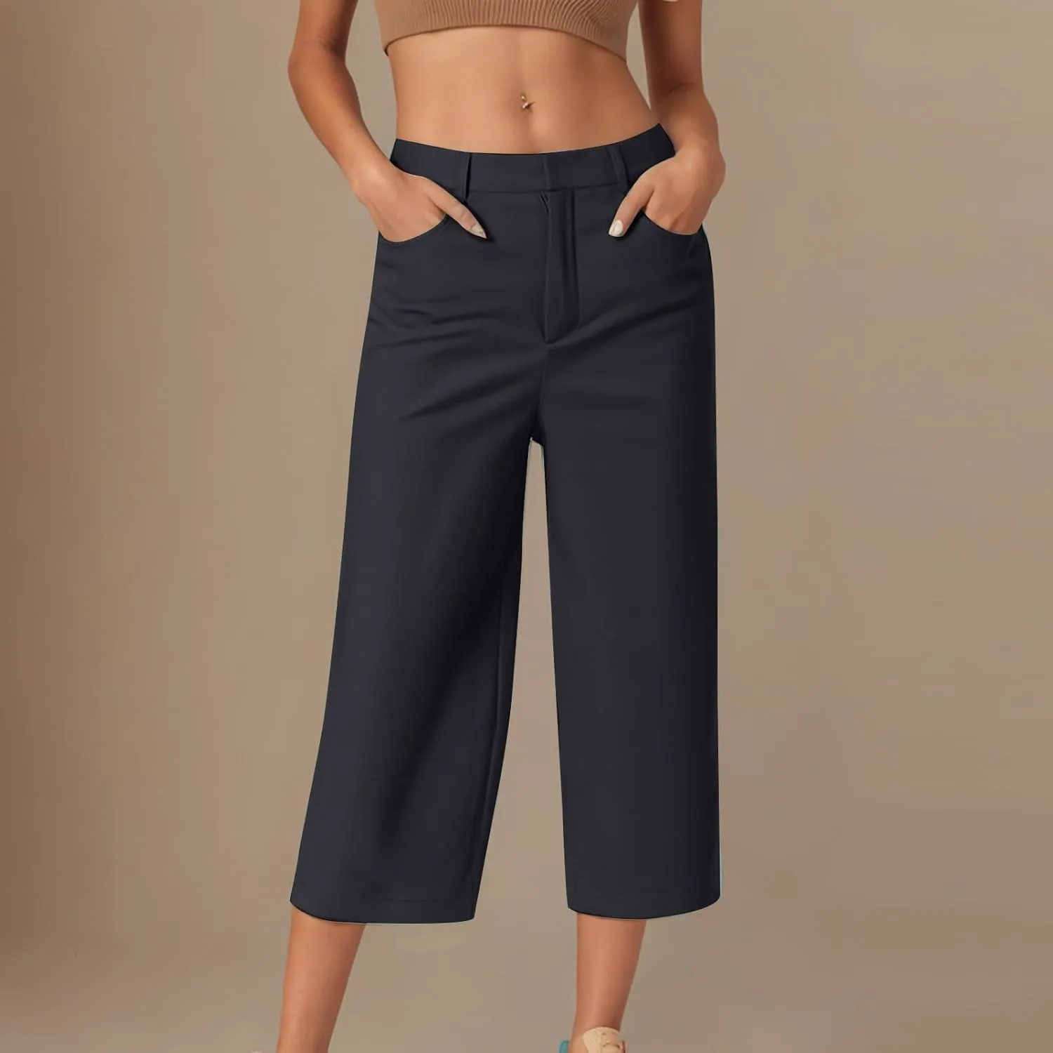 JIEMUXIU Capri Pants for Women Summer 2025 Casual Stretch Pants Loose Comfy Trendy Elastic Waist Cropped Trouser Beach Pants