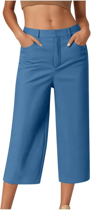 JIEMUXIU Capri Pants for Women Summer 2025 Casual Stretch Pants Loose Comfy Trendy Elastic Waist Cropped Trouser Beach Pants