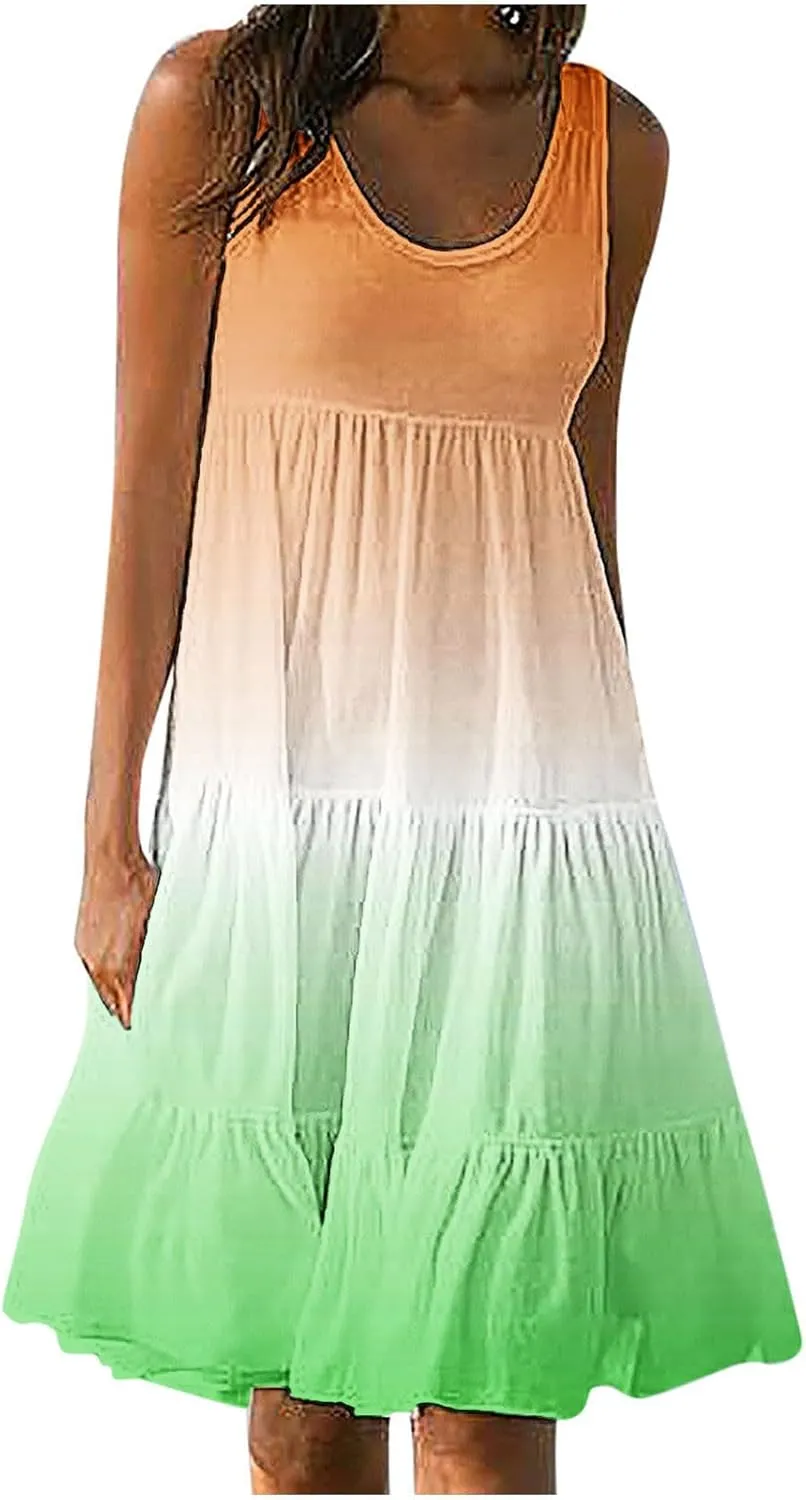 jsaierl Women's Sleeveless Ruffle Mini Dress Fashion Gradient Tank Cami Dress Summer Flowy High Waited A Line Tie Dye Dresses