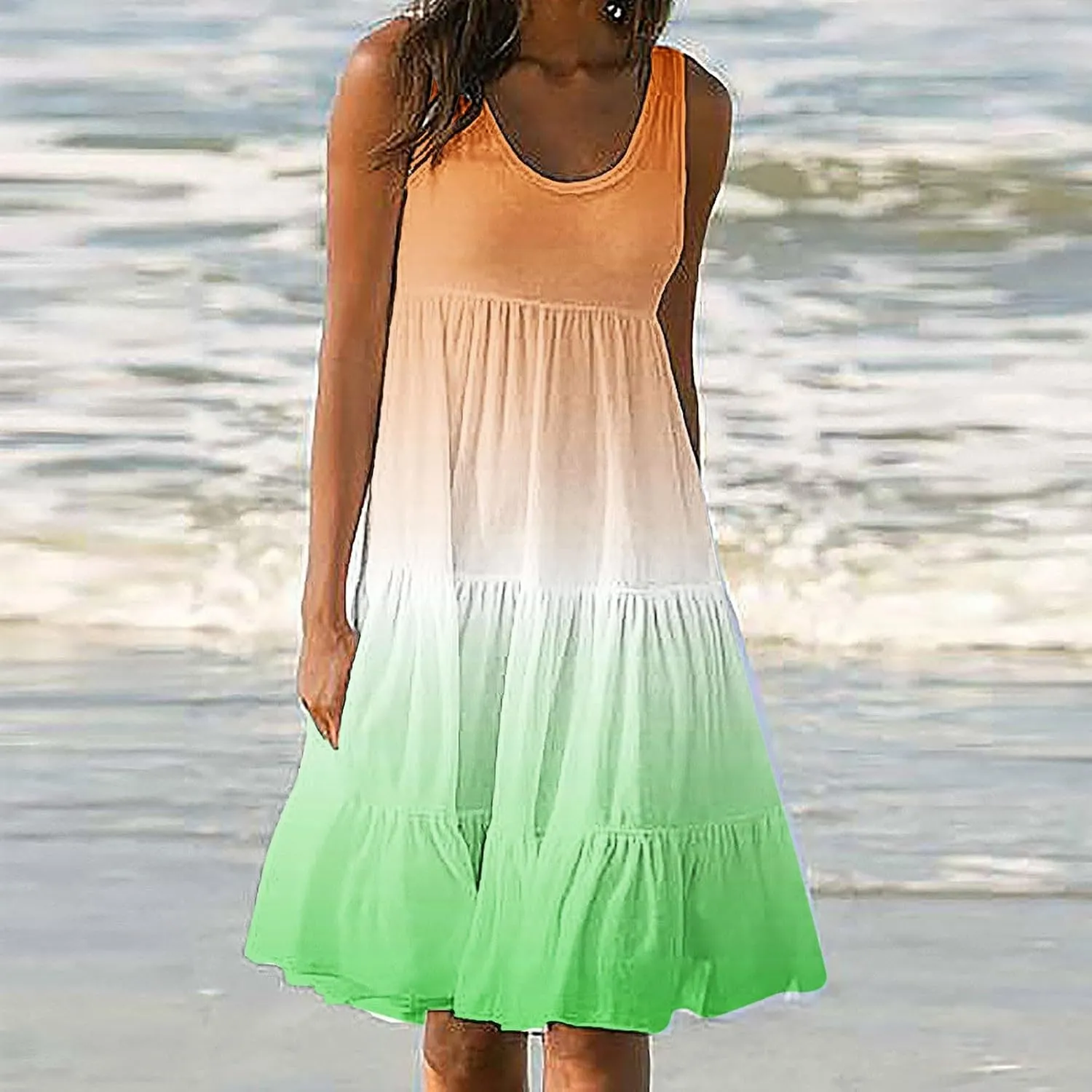 jsaierl Women's Sleeveless Ruffle Mini Dress Fashion Gradient Tank Cami Dress Summer Flowy High Waited A Line Tie Dye Dresses