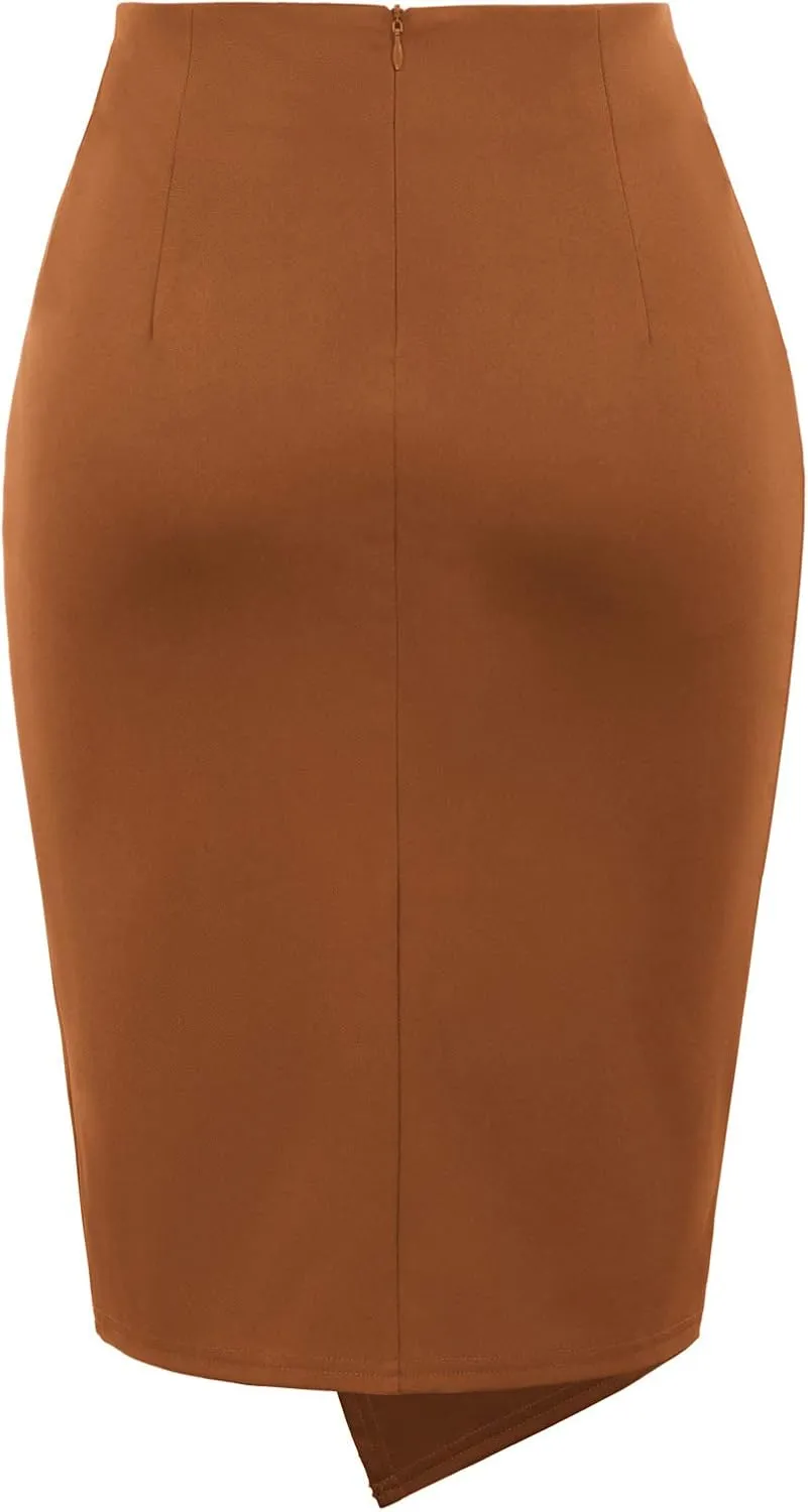 Kate Kasin Wear to Work Pencil Skirts for Women Elastic High Waist Wrap Front Knee Length Bodycon Skirt Tummy Control
