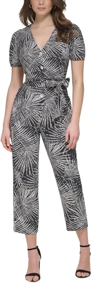 kensie Womens Printed Wide Leg Jumpsuit B/W 16 Black Multi