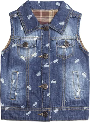 KIDSCOOL SPACE Girl Denim Vest, Round Collared Lace Sleeveless Jeans Tops