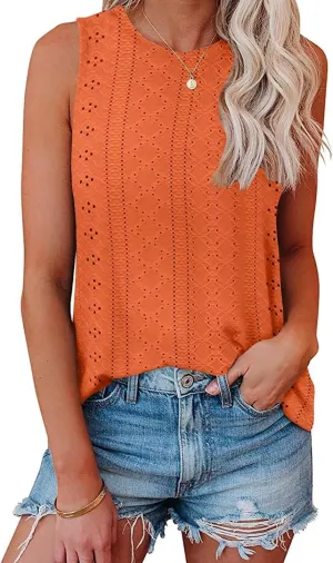 KKJ Womens Tank Tops Eyelet Embroidery Crewneck Sleeveless Going Out Casual Summer Basic Loose Shirts 2025 Fashion Clothes
