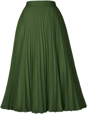 Ladies Pleated Skirts, Elastic Waist, Solid-Color, High Waist, Lined Retro Skirts