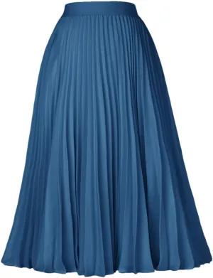 Ladies Pleated Skirts, Elastic Waist, Solid-Color, High Waist, Lined Retro Skirts