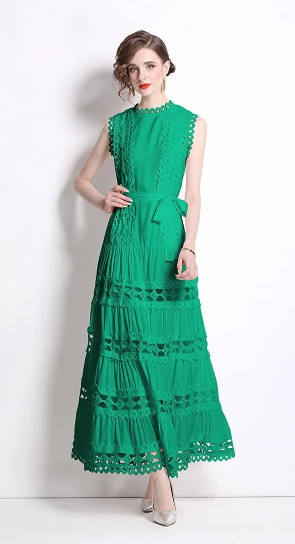 LAI MENG FIVE CATS Women Sleeveless Hollow Out Maxi Dress Casual Wedding Guest Long Dress with Belt