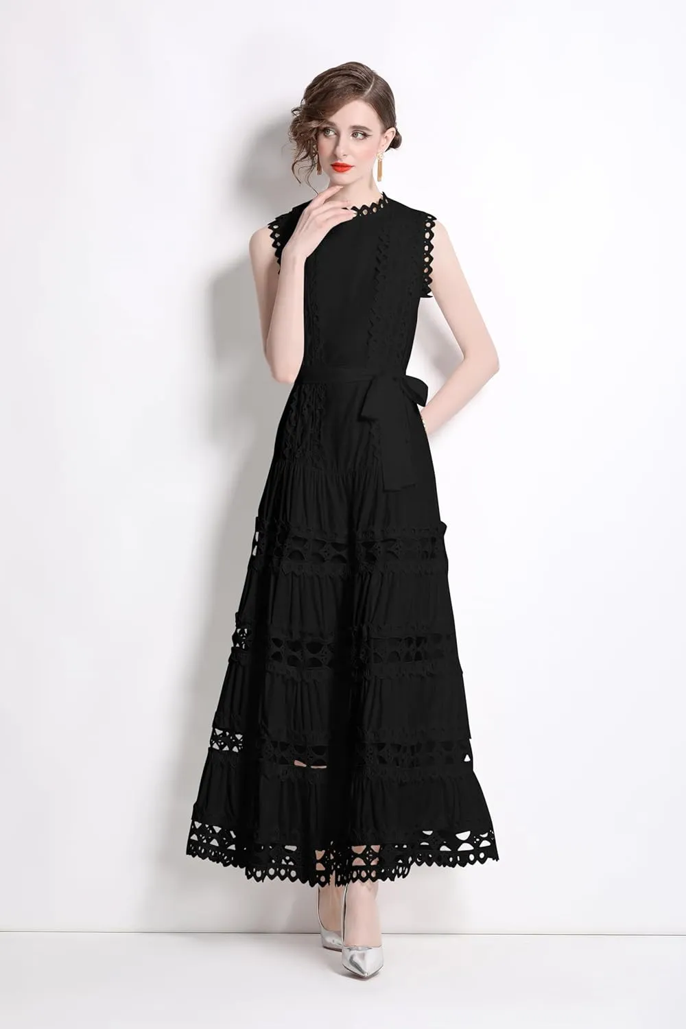 LAI MENG FIVE CATS Women Sleeveless Hollow Out Maxi Dress Casual Wedding Guest Long Dress with Belt
