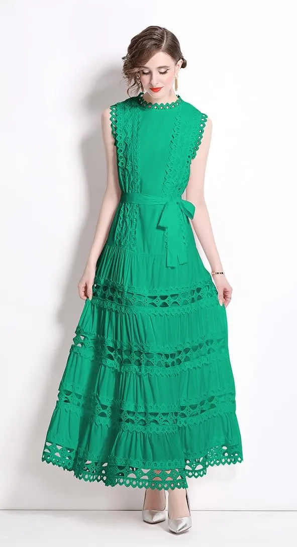 LAI MENG FIVE CATS Women Sleeveless Hollow Out Maxi Dress Casual Wedding Guest Long Dress with Belt
