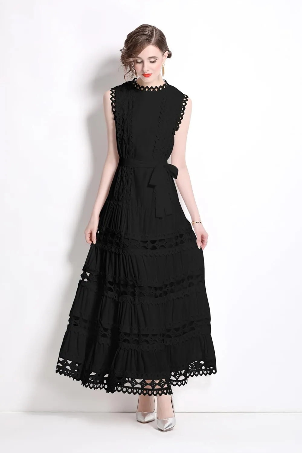 LAI MENG FIVE CATS Women Sleeveless Hollow Out Maxi Dress Casual Wedding Guest Long Dress with Belt