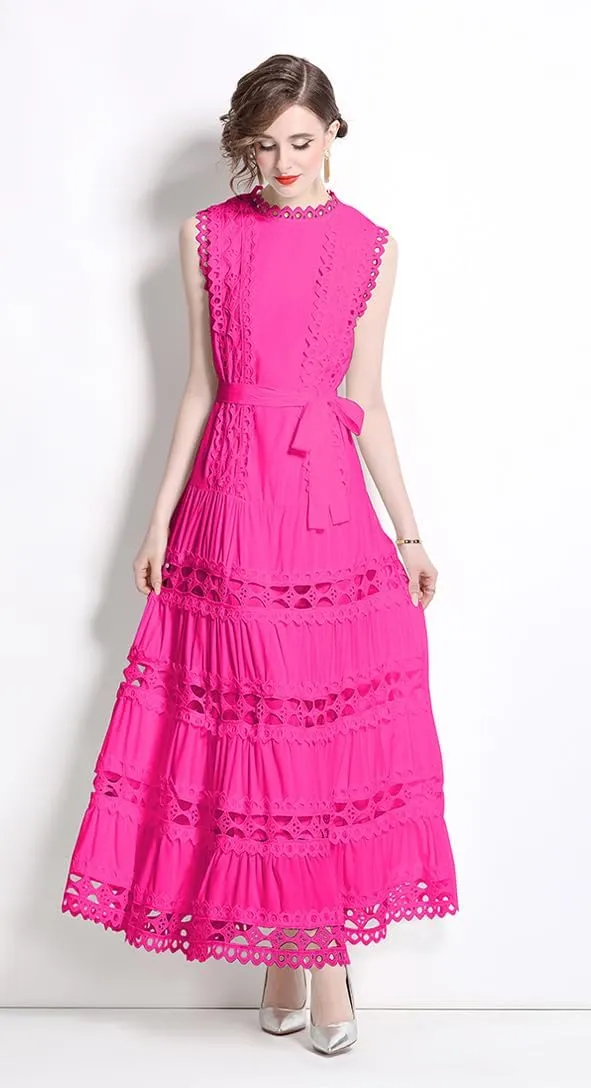LAI MENG FIVE CATS Women Sleeveless Hollow Out Maxi Dress Casual Wedding Guest Long Dress with Belt