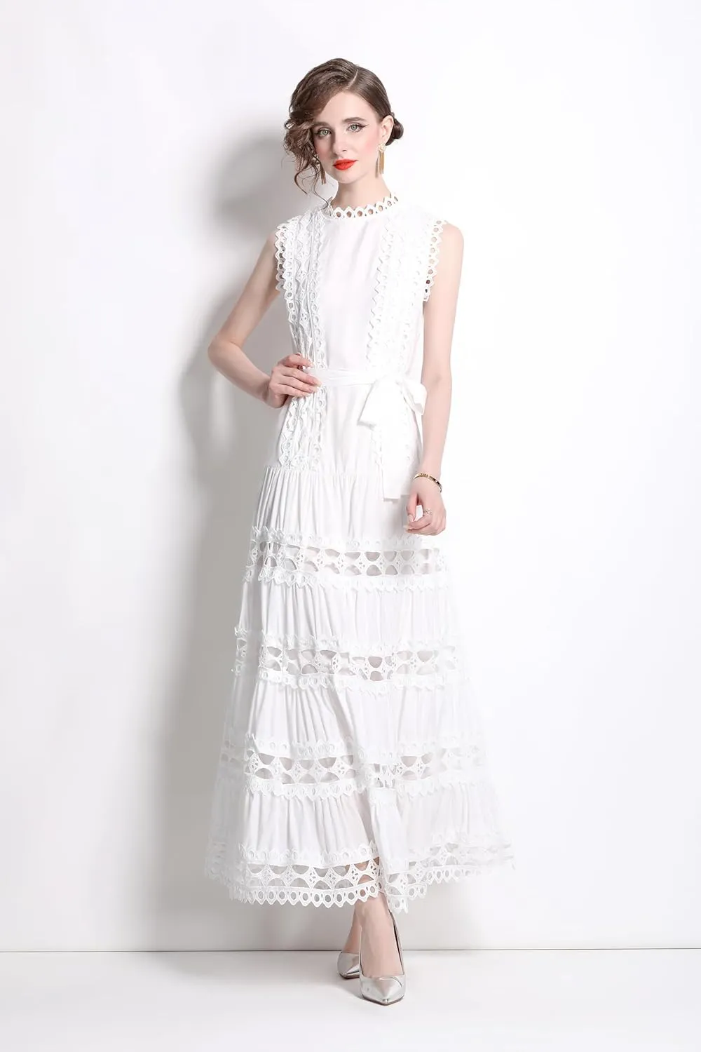 LAI MENG FIVE CATS Women Sleeveless Hollow Out Maxi Dress Casual Wedding Guest Long Dress with Belt