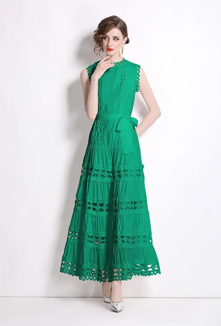 LAI MENG FIVE CATS Women Sleeveless Hollow Out Maxi Dress Casual Wedding Guest Long Dress with Belt