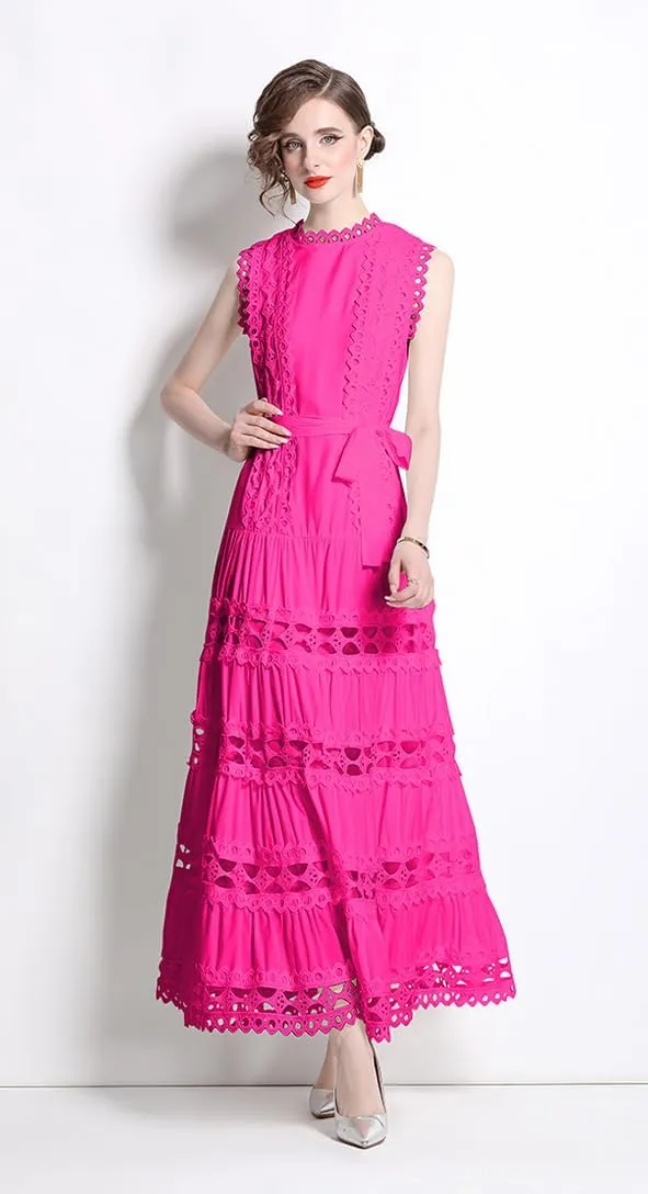 LAI MENG FIVE CATS Women Sleeveless Hollow Out Maxi Dress Casual Wedding Guest Long Dress with Belt