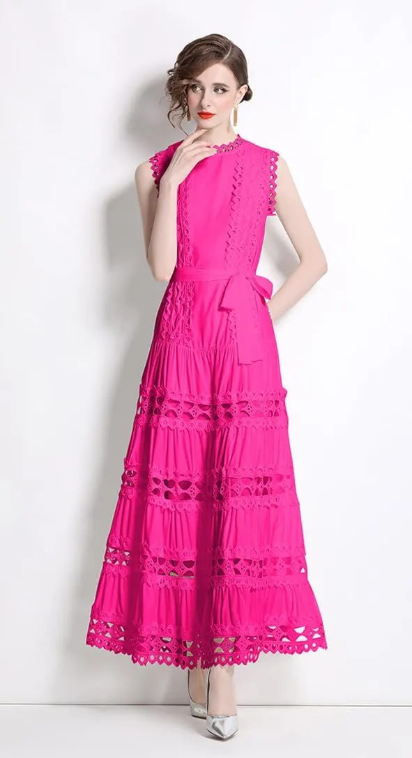 LAI MENG FIVE CATS Women Sleeveless Hollow Out Maxi Dress Casual Wedding Guest Long Dress with Belt