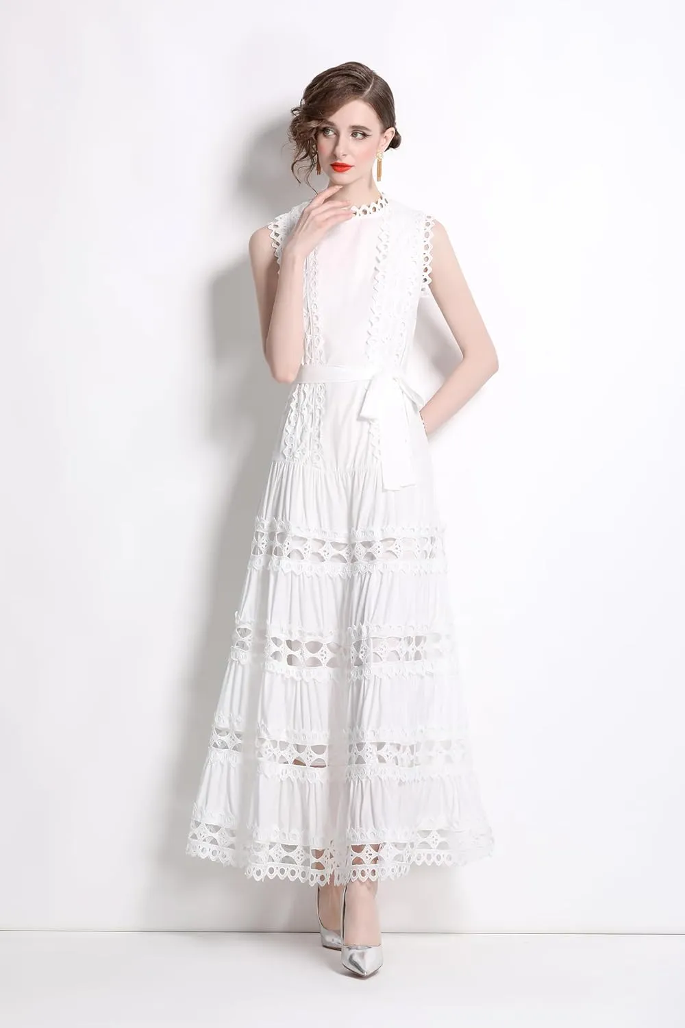 LAI MENG FIVE CATS Women Sleeveless Hollow Out Maxi Dress Casual Wedding Guest Long Dress with Belt