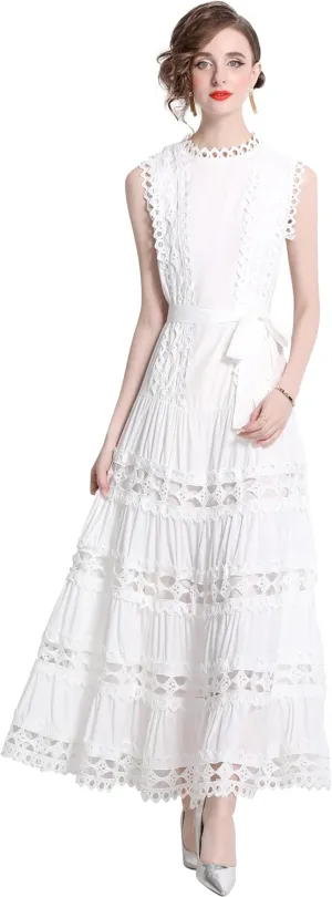 LAI MENG FIVE CATS Women Sleeveless Hollow Out Maxi Dress Casual Wedding Guest Long Dress with Belt