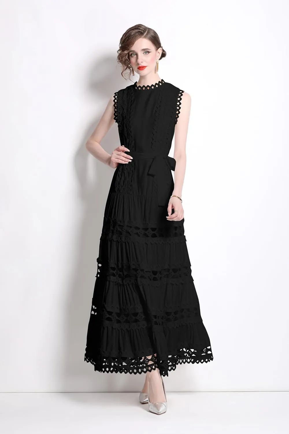 LAI MENG FIVE CATS Women Sleeveless Hollow Out Maxi Dress Casual Wedding Guest Long Dress with Belt