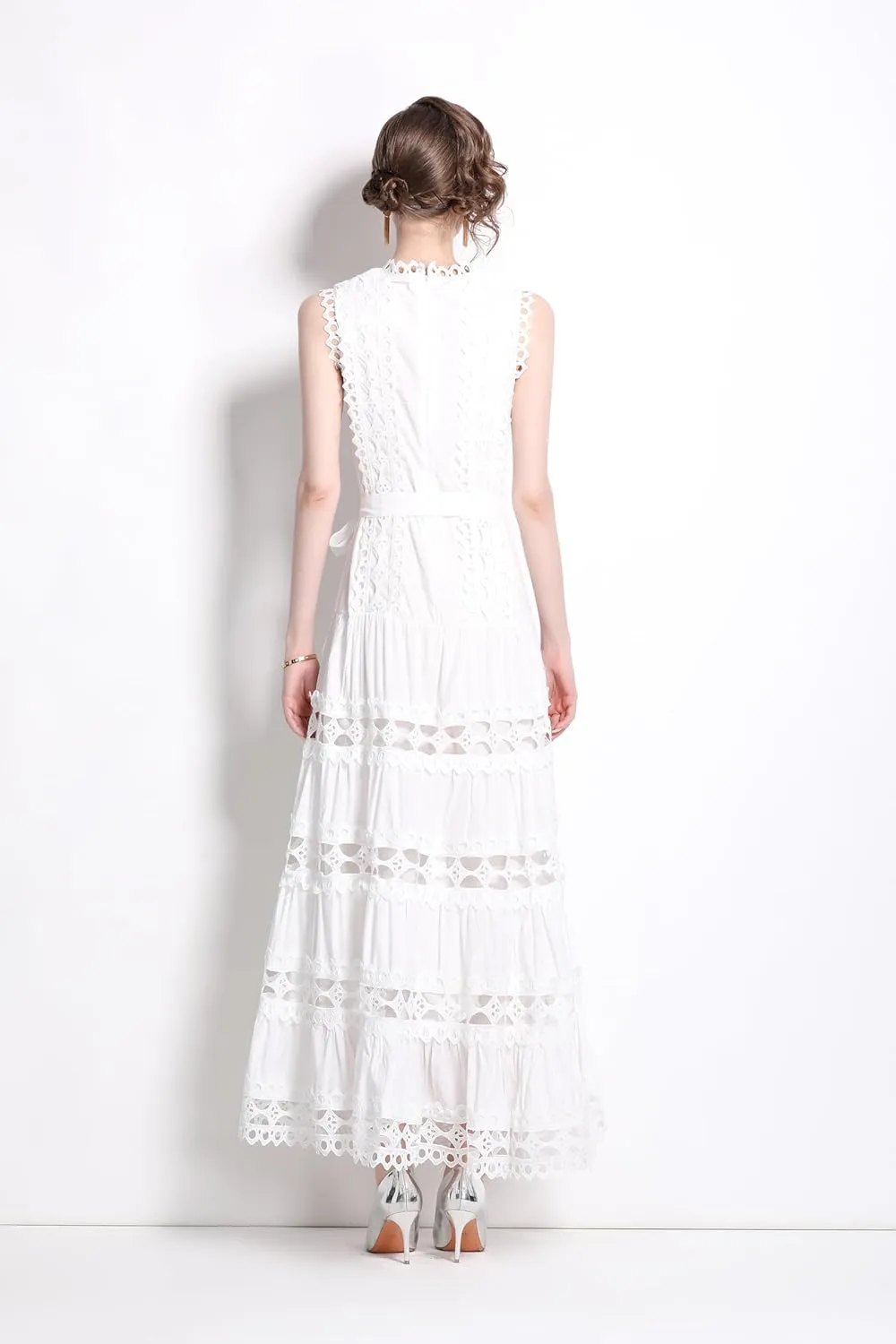 LAI MENG FIVE CATS Women Sleeveless Hollow Out Maxi Dress Casual Wedding Guest Long Dress with Belt