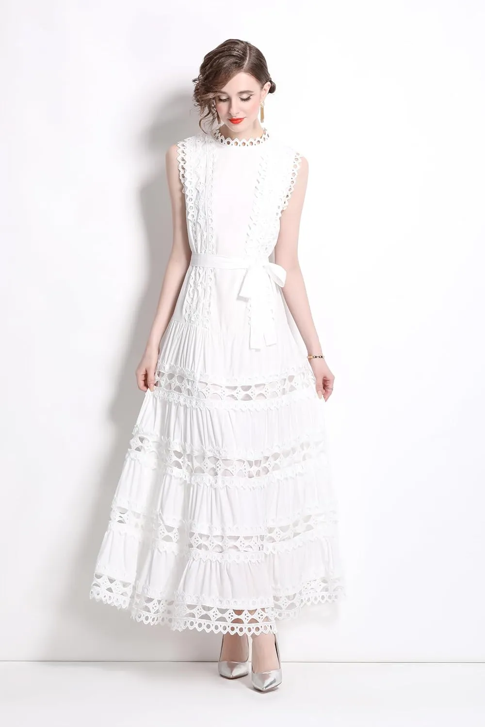 LAI MENG FIVE CATS Women Sleeveless Hollow Out Maxi Dress Casual Wedding Guest Long Dress with Belt