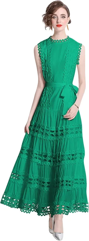 LAI MENG FIVE CATS Women Sleeveless Hollow Out Maxi Dress Casual Wedding Guest Long Dress with Belt