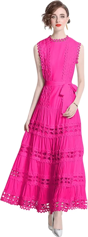 LAI MENG FIVE CATS Women Sleeveless Hollow Out Maxi Dress Casual Wedding Guest Long Dress with Belt