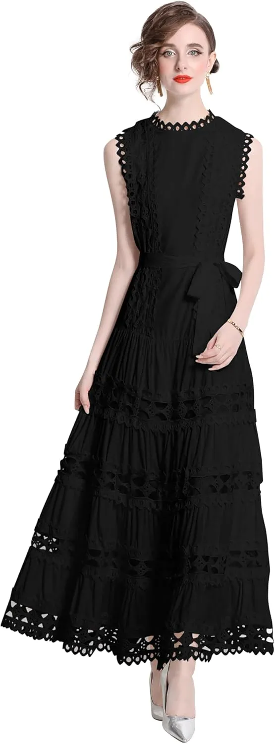LAI MENG FIVE CATS Women Sleeveless Hollow Out Maxi Dress Casual Wedding Guest Long Dress with Belt