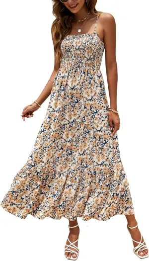 Lamilus Sundresses for Women Summer Casual Floral Dresses Sleeveless Spaghetti Strap Smocked Tiered Beach Party Maxi Dress