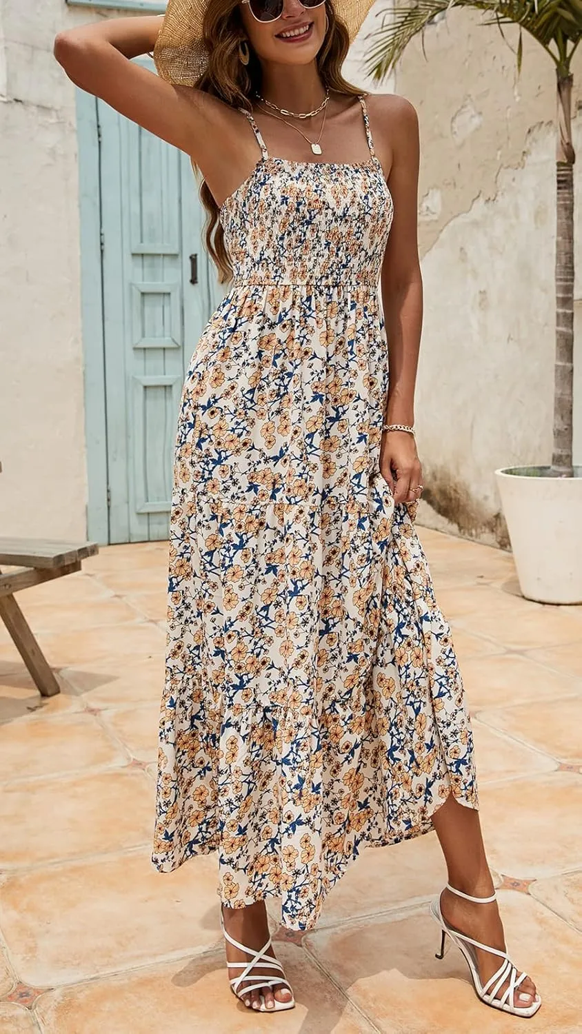Lamilus Sundresses for Women Summer Casual Floral Dresses Sleeveless Spaghetti Strap Smocked Tiered Beach Party Maxi Dress
