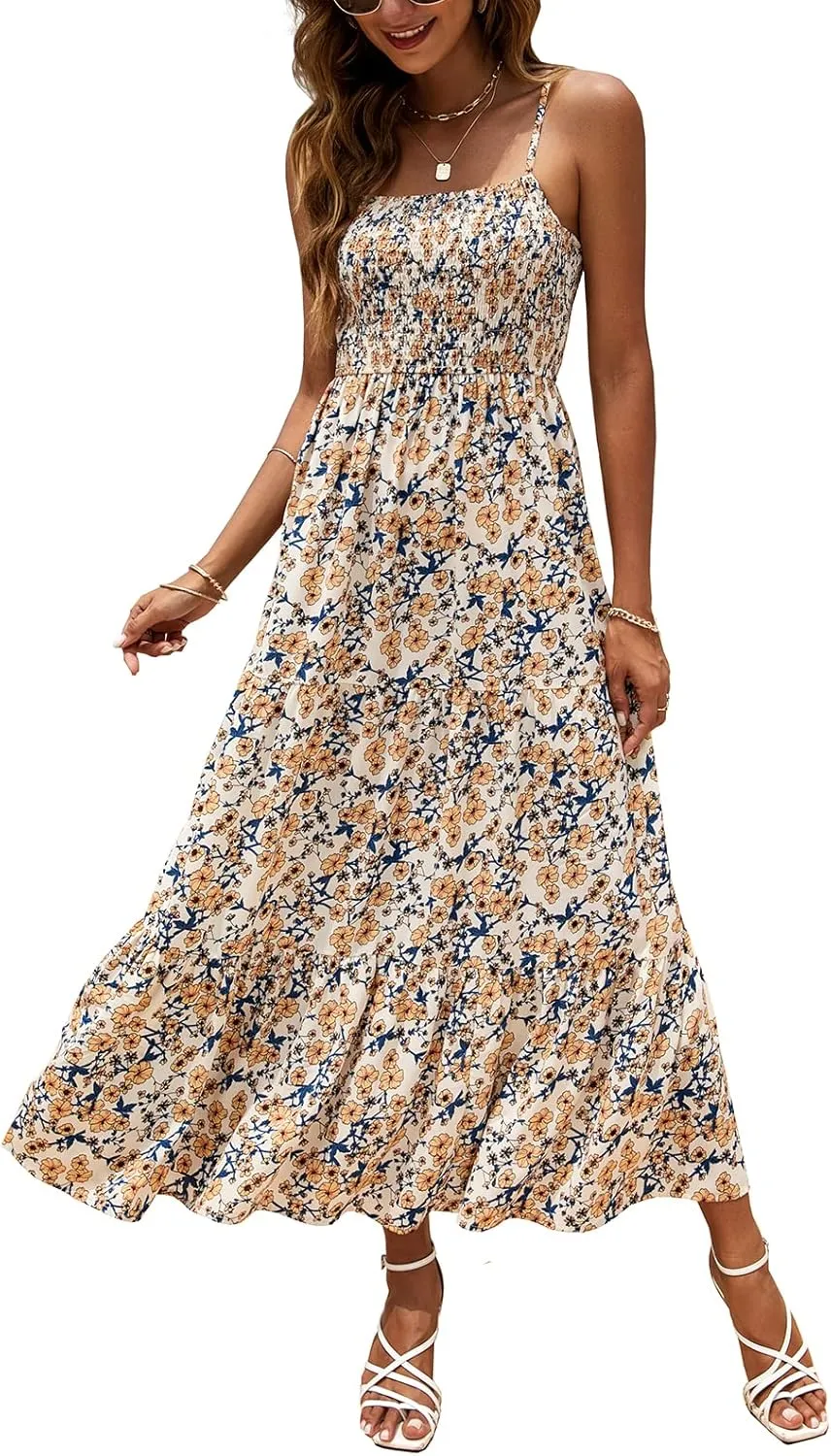 Lamilus Sundresses for Women Summer Casual Floral Dresses Sleeveless Spaghetti Strap Smocked Tiered Beach Party Maxi Dress