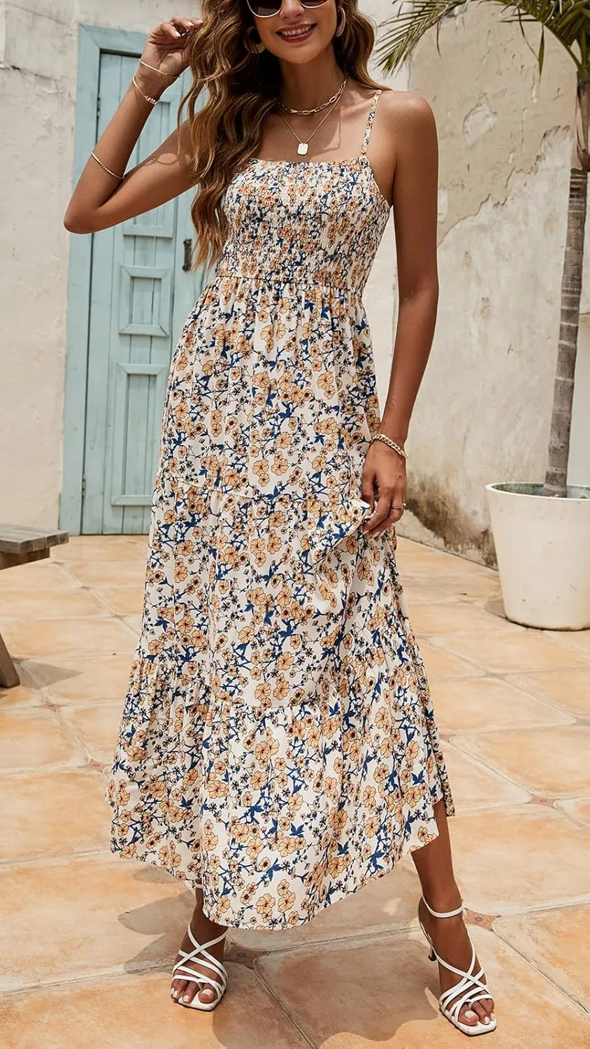 Lamilus Sundresses for Women Summer Casual Floral Dresses Sleeveless Spaghetti Strap Smocked Tiered Beach Party Maxi Dress