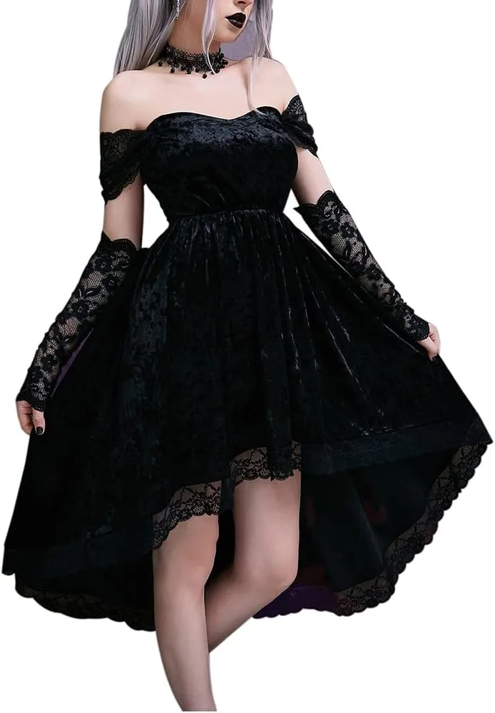LANSHULAN Gothic Clothes Dress,Lace Mini Sleeveless Lace Draped Bodycon Goth Vintage Dresses Without Gloves