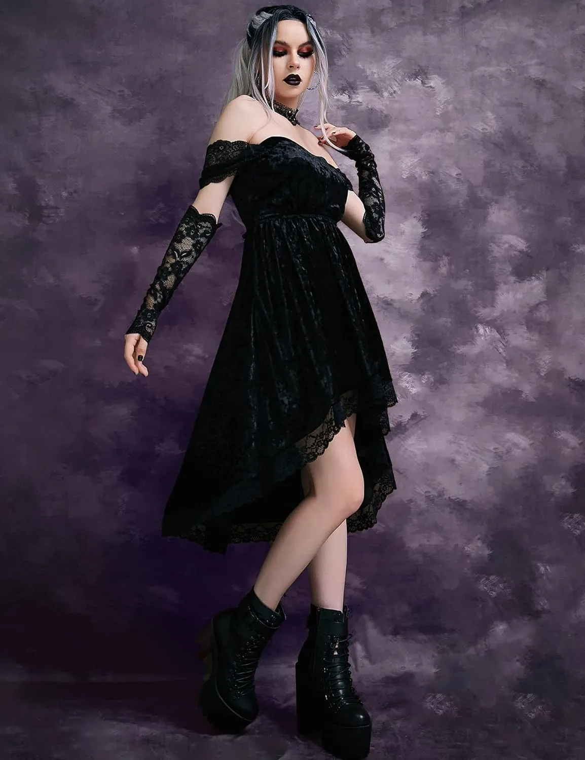 LANSHULAN Gothic Clothes Dress,Lace Mini Sleeveless Lace Draped Bodycon Goth Vintage Dresses Without Gloves