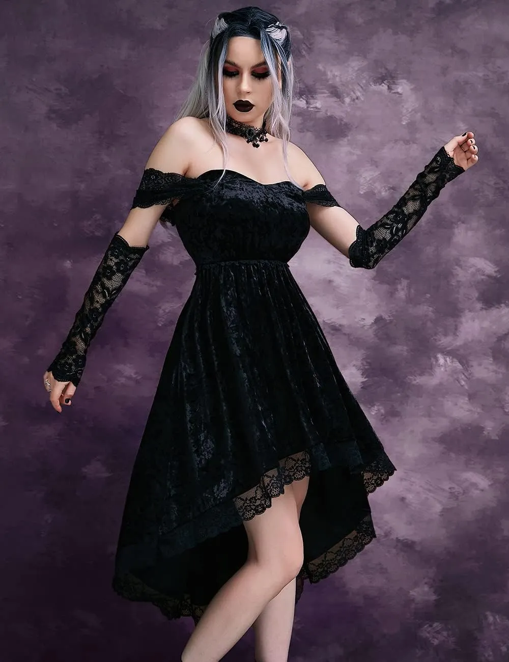 LANSHULAN Gothic Clothes Dress,Lace Mini Sleeveless Lace Draped Bodycon Goth Vintage Dresses Without Gloves