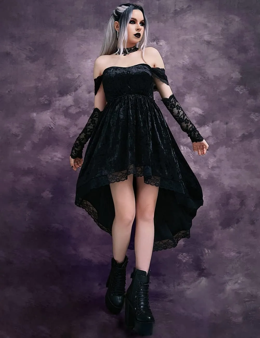 LANSHULAN Gothic Clothes Dress,Lace Mini Sleeveless Lace Draped Bodycon Goth Vintage Dresses Without Gloves