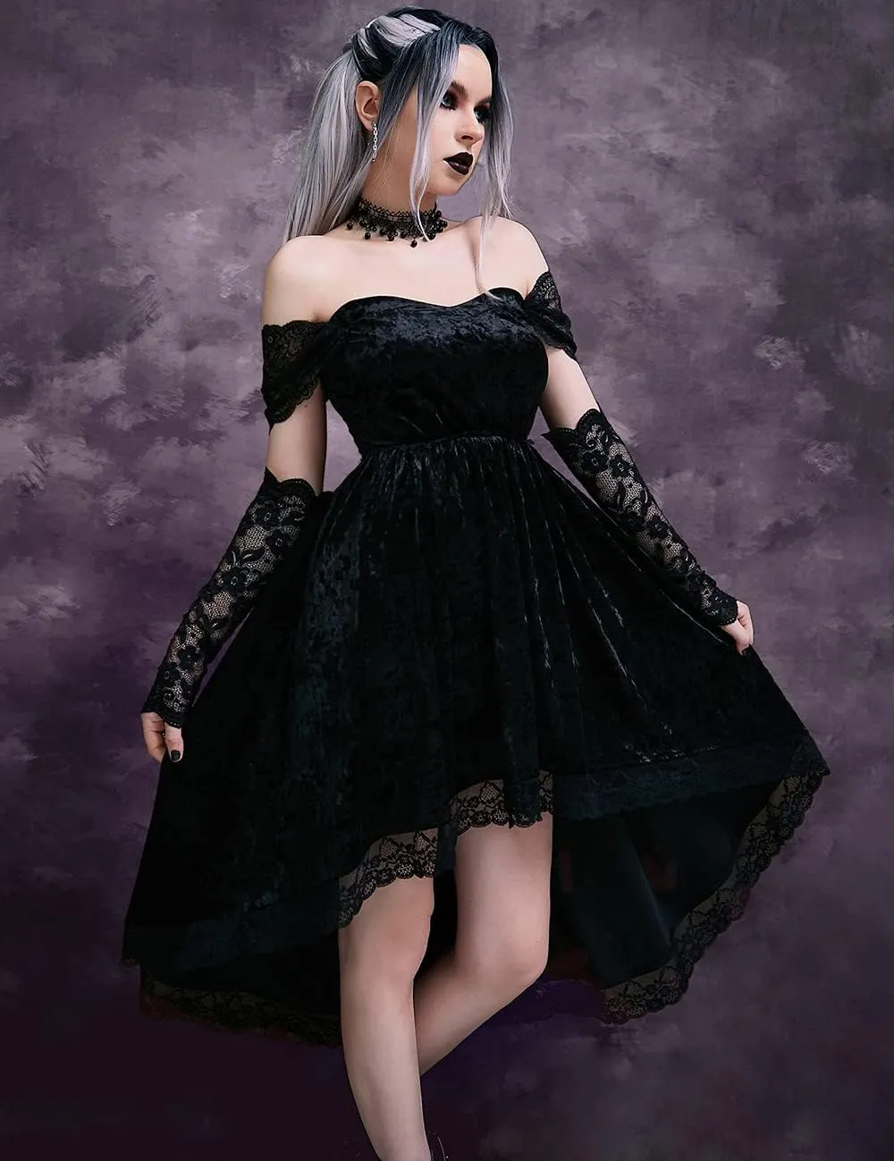 LANSHULAN Gothic Clothes Dress,Lace Mini Sleeveless Lace Draped Bodycon Goth Vintage Dresses Without Gloves
