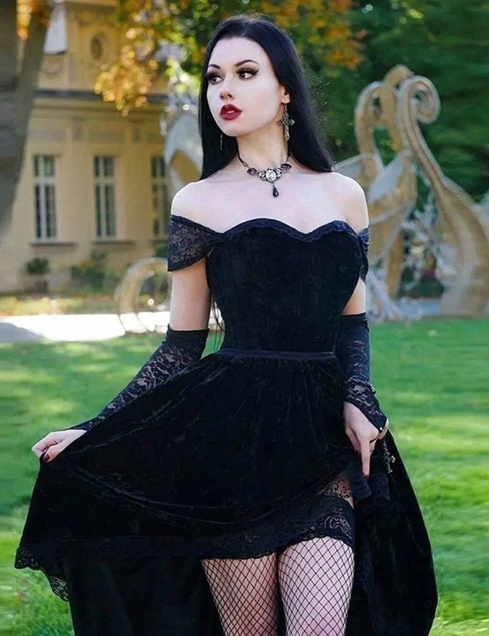 LANSHULAN Gothic Clothes Dress,Lace Mini Sleeveless Lace Draped Bodycon Goth Vintage Dresses Without Gloves