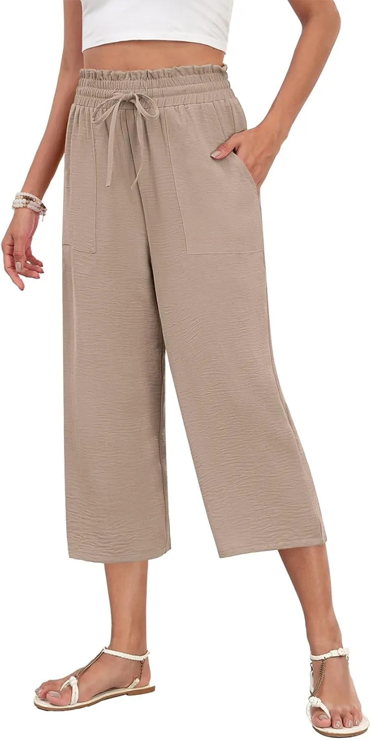 LAOLASI Womens Capri Pants Casual High Waisted Wide Leg Lounge Pants Drawstring Loose Palazzo Pants Trousers with Pockets