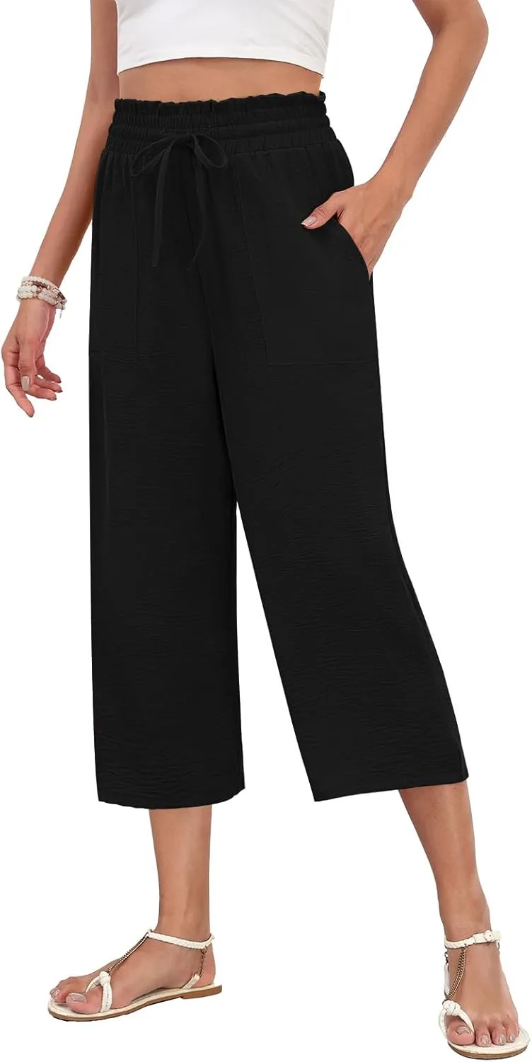 LAOLASI Womens Capri Pants Casual High Waisted Wide Leg Lounge Pants Drawstring Loose Palazzo Pants Trousers with Pockets
