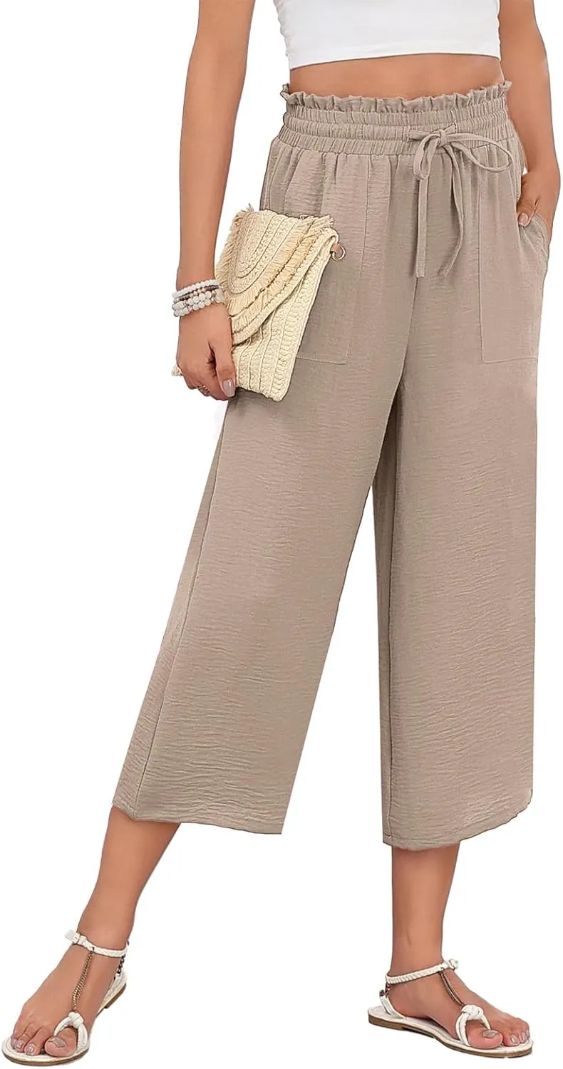 LAOLASI Womens Capri Pants Casual High Waisted Wide Leg Lounge Pants Drawstring Loose Palazzo Pants Trousers with Pockets